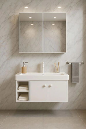 Lumina 85 cm, Beyaz renkli, Seramik Lavabolu, Alt - Üst Dolap, Banyo Dolabı Takımı.