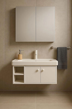 Lumina 85 cm, Beyaz renkli, Seramik Lavabolu, Alt - Üst Dolap, Banyo Dolabı Takımı.