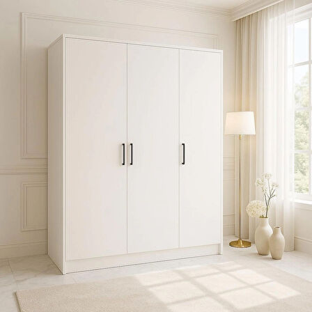 %100 Mdf 3 Kapaklı Yüklük Dolap | 180X135X50 cm | Beyaz – Modern Çok Amaçlı Gardrop