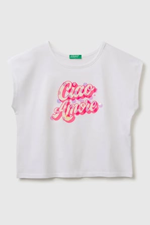 United Colors of Benetton Kız Çocuk Pul Baskı Detaylı Bisiklet Yaka T-Shirt Beyaz -Pembe 6-14 Yaş