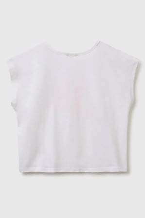 United Colors of Benetton Kız Çocuk Pul Baskı Detaylı Bisiklet Yaka T-Shirt Beyaz -Pembe 6-14 Yaş