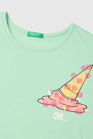 United Colors of Benetton Kız Çocuk Pul Baskı Detaylı Bisiklet Yaka T-Shirt Yeşil 6-14 Yaş