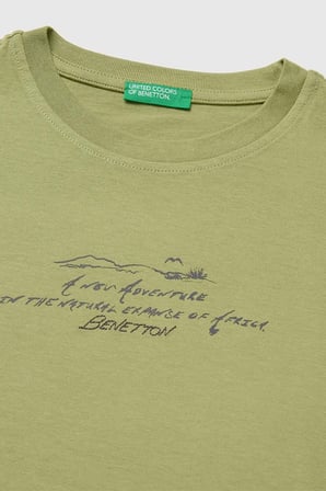 United Colors of Benetton Erkek Çocuk Önü Baskılı Arkası İşlemeli Bisiklet Yaka T-Shirt Haki 6-13 Yaş