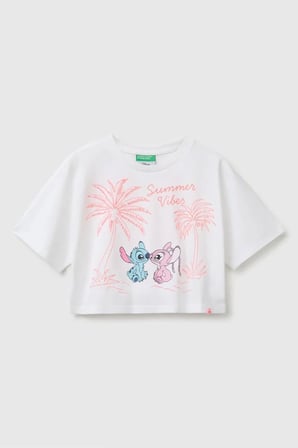 United Colors of Benetton Kız Çocuk Lilo & Stitch Baskı Detaylı Crop T-Shirt Beyaz 6-13 Yaş