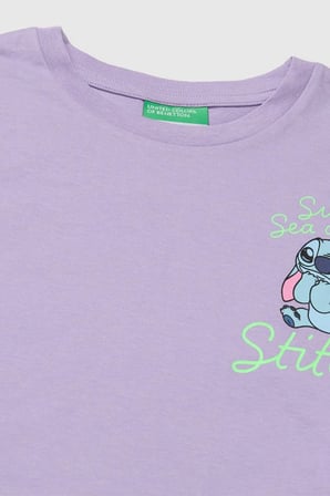 United Colors of Benetton Kız Çocuk Lilo & Stitch Baskı Detaylı Crop T-Shirt Lila 6-13 Yaş