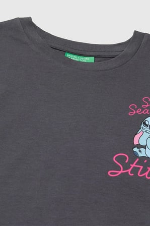United Colors of Benetton Kız Çocuk Lilo & Stitch Baskı Detaylı Crop T-Shirt Kahverengi 6-13 Yaş