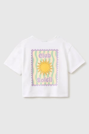 United Colors of Benetton Kız Çocuk Beyaz Ön ve Arka Baskı Detaylı Boncuk İşlemeli Geniş Yaka T-Shirt 6-14 Yaş