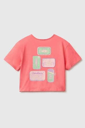 United Colors of Benetton Kız Çocuk Mercan Ön ve Arka Baskı Detaylı Boncuk İşlemeli Geniş Yaka T-Shirt 6-14 Yaş 