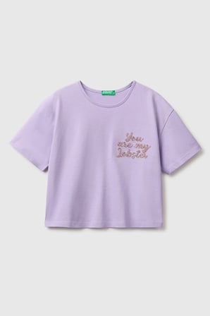 United Colors of Benetton Kız Çocuk Lila Ön ve Arka Baskı Detaylı Boncuk İşlemeli Geniş Yaka T-Shirt 6-14 Yaş 