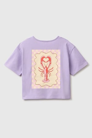 United Colors of Benetton Kız Çocuk Lila Ön ve Arka Baskı Detaylı Boncuk İşlemeli Geniş Yaka T-Shirt 6-14 Yaş 