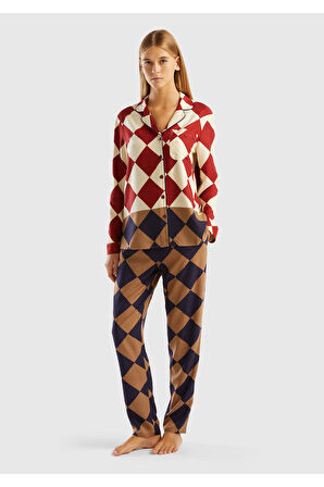 Kadın Bej Mix Baklava Desenli Düğmeli Pijama Takımı