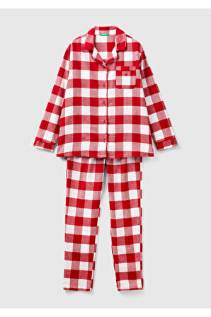 Kadın Kırmızı Mix Ekose Desenli Düğmeli Pijama Takımı