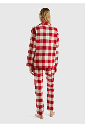 Kadın Kırmızı Mix Ekose Desenli Düğmeli Pijama Takımı