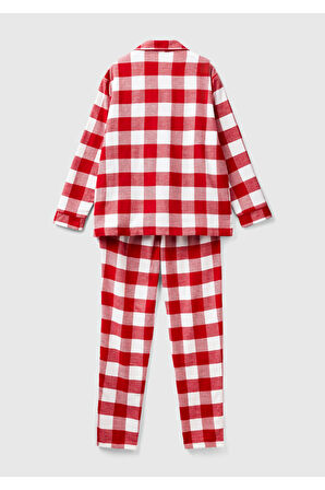 Kadın Kırmızı Mix Ekose Desenli Düğmeli Pijama Takımı