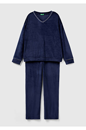 Kadın Lacivert Çizgi Detaylı V Yaka Pijama Takımı
