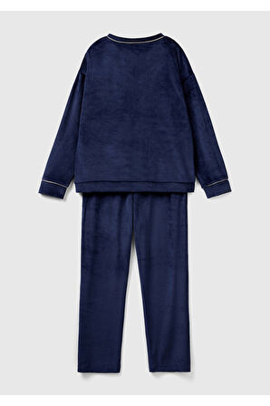 Kadın Lacivert Çizgi Detaylı V Yaka Pijama Takımı