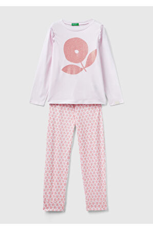 Kız Çocuk Toz Pembe Çiçek Desenli Pijama Takımı