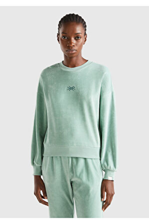 Kadın Su Yeşili Logo Baskılı Şönil Sweatshirt