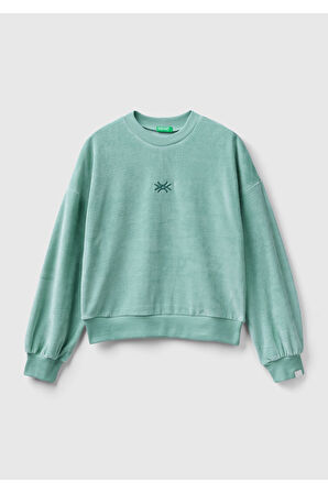 Kadın Su Yeşili Logo Baskılı Şönil Sweatshirt