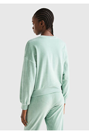 Kadın Su Yeşili Logo Baskılı Şönil Sweatshirt