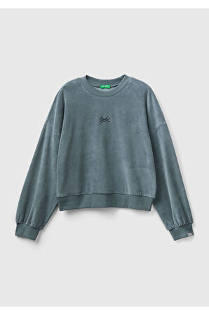 Kadın Antrasit Logo Baskılı Şönil Sweatshirt