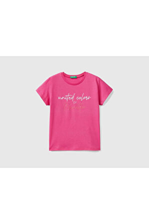 United Colors of Benetton Kız Çocuk Fuşya Simli Benetton Yazılı T-shirt