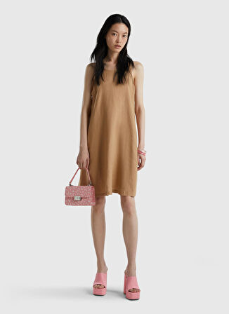 Benetton Taba Kadın Bisiklet Yaka Kolsuz Uzun Keten Elbise 4AGHDV02U