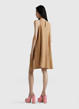 Benetton Taba Kadın Bisiklet Yaka Kolsuz Uzun Keten Elbise 4AGHDV02U