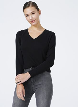 Benetton V Yaka Yaka Siyah Kadın T-Shirt