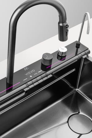 Vievo Premium 75x45 cm Akıllı Çelik Eviye Seti, LED Sıcaklık Göstergeli, Bal Peteği Kaplamalı Siyah