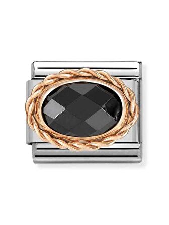 Composable Classic Dekoratif Link - Yüzey İşlemeli Oval - Siyah -  9K Rose Altın