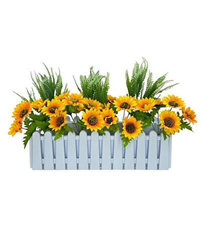 Yapay Çiçek Beyaz Çit Balkon Saksısı Ay Çiçekli 55*20cm