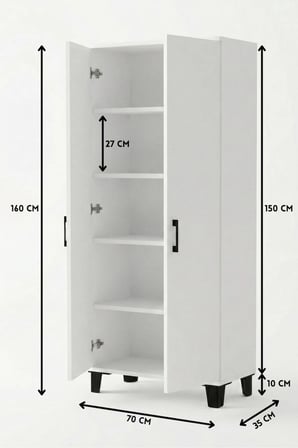 Reyo Falez Mutfak Dolabı Çok Amaçlı, 160cm Kiler Dolabı, 2 Kapaklı 5 Raflı Banyo Dolabı, Beyaz - 251
