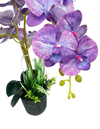 Yapay Çiçek 2li Lila Damarlı Islak Orkide Seramik Saksıda Orkide 60cm