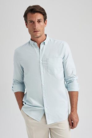 DeFacto Regular Fit Polo Yaka Oxford Basic Düz Uzun Kollu Gömlek A8028AX23AUBE723
