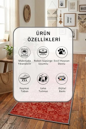 A-30 Modern Dijital Baskı Yıkanabilir Kaymaz Yolluk Halı Bordo