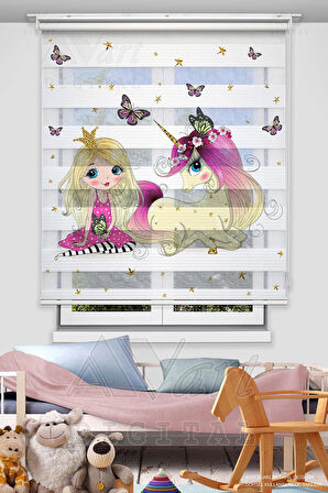 Prenses Ve Unicorn Baskılı Çocuk Odası Perdesi - Dijital Baskılı Zebra Stor Perde