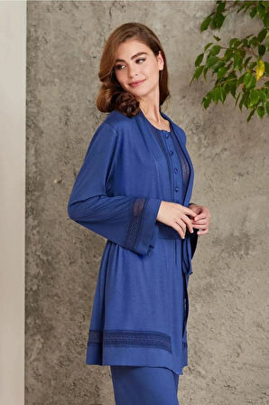 Pierre Cardin 2800 Kadın Lacivert Dantelli Penye 3'lü Sabahlıklı Pijama Takım