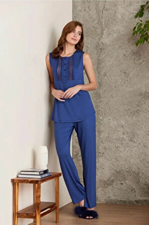 Pierre Cardin 2800 Kadın Lacivert Dantelli Penye 3'lü Sabahlıklı Pijama Takım
