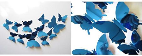 Ev Dekorasyon 3D PVC Kelebek 12 li Duvar Süsleme Mavi Aynalı V1