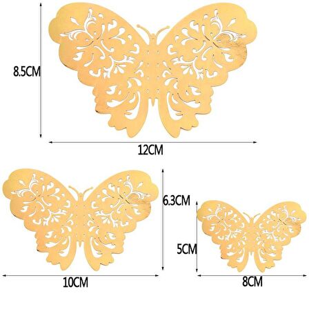 Ev Dekorasyon 3D Metalik Pirinç Renk Oyma PVC Kelebek 12 li Süsleme Model W3