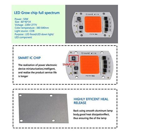Tam Spektrum 380-840nm UV LED COB Topraksız Tarım Bitki Büyütme 50W 220V 