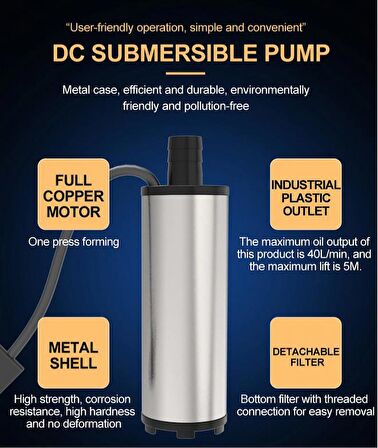 Dalgıç Pompa 12V Yakıt Yağ Su Pompası 30L/dk. 51mm Akü Klipli 