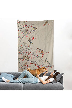 Kuşburnu Ağacındaki Kuşlar Duvar Örtüsü-8042