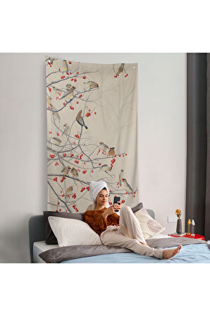 Kuşburnu Ağacındaki Kuşlar Duvar Örtüsü-8042