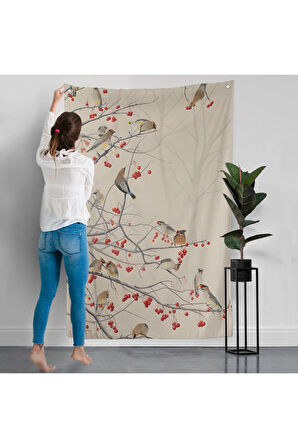 Kuşburnu Ağacındaki Kuşlar Duvar Örtüsü-8042