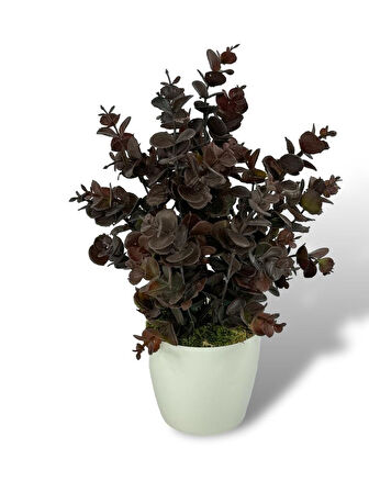 Yapay Çiçek Beyaz Saksıda Okaliptus Şimşir Demeti Pudralı Pastel Kahverengi Dekoratif Yapay Bitki