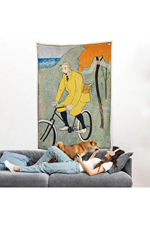 Edward Penfield - Bisikletli Sarı Takım Elbiseli Adam Duvar Örtüsü-8044