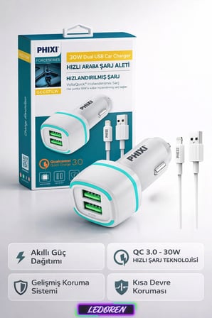 Force Çift Çıkışlı Fast Lightning Usb Kablolu Araç Şarj Cihazı Iphone Uyumlu Qcc571lw