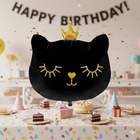 66 cm GRABO Siyah Kedi Kafası Taçlı Folyo Balon - Doğum Günü Parti Dekorasyon Balonu